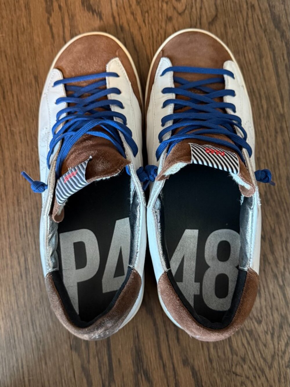 P448 John Low Top Sneakers White Leather Brown Suede Blue Laces Made in Italy - Picture 3 of 3